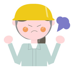 ヘルメットで作業着の女性・上半身の線なしイラスト）怒る・イライラ・ムカつく