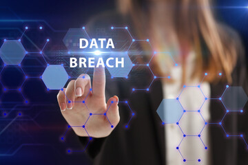 Business, Technology, Internet and network concept. Young businessman working on a virtual screen of the future and sees the inscription: Data breach