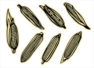 A set of stickers, autumn corn harvest, different types. Design for plotter cutting.