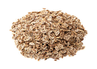 pile of dill seeds closeup on white