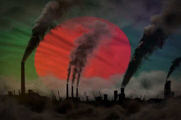 Dark pollution, fight against climate change concept - plant chimneys heavy smoke on Bangladesh flag background - industrial 3D illustration - obrazy, fototapety, plakaty