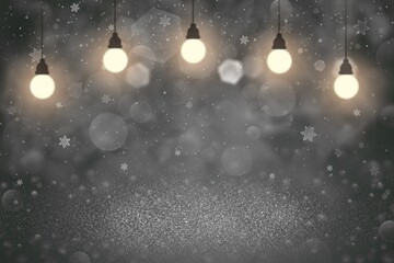 fantastic shining glitter lights defocused bokeh abstract background with light bulbs and falling snow flakes fly, celebratory mockup texture with blank space for your content