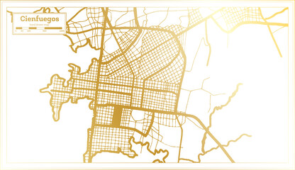 Cienfuegos Cuba City Map in Retro Style in Golden Color. Outline Map.