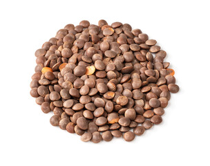 handful of brown unhulled red lentils on white