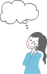 手を組み、考える女性。