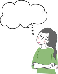 腕を組んで考える女性。