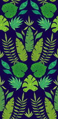 Fototapeta na wymiar Boockmark with tropical pattern with folk pattern on blue background. Natural vector texture with foliage. Jungle wallpaper with tribal decoration. Backdrop with boho rainforest