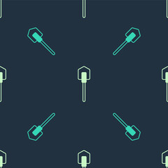 Green and beige Shovel icon isolated seamless pattern on blue background. Gardening tool. Tool for horticulture, agriculture, farming. Vector