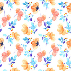 Abstract botanical watercolor repeating pattern with transparent layered flowers and twigs isolated on white background