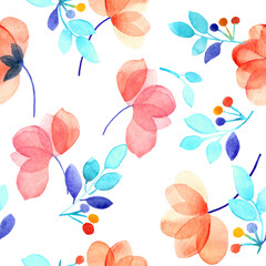 Abstract watercolor hand-drawn floral seamless pattern of transparent pink, red, orange flowers and blue twigs on white background