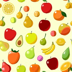 The most popular different  fruits are fruit trees. Seamless background image. Cartoon flat style. Apples, pears, plums, bananas, oranges, lemons, persimmons, avocados. Vector