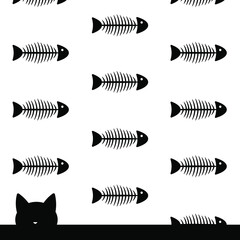 Black silhouette of a cat and fish skeletons. Background, Cat head, vector illustration.