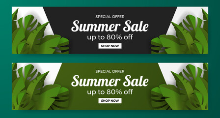 summer sale offer banner promotion with green tropical leaves illustration concept