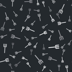 Grey Garden pitchfork icon isolated seamless pattern on black background. Garden fork sign. Tool for horticulture, agriculture, farming. Vector