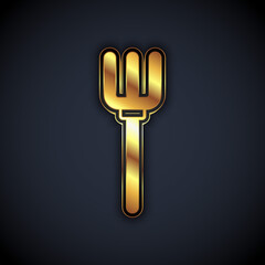 Gold Garden pitchfork icon isolated on black background. Garden fork sign. Tool for horticulture, agriculture, farming. Vector