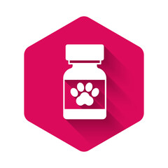 White Medicine bottle and pills icon isolated with long shadow background. Container with pills. Prescription medicine for animal. Pink hexagon button. Vector