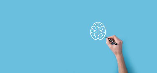 Man hand draw abstract brain and icon tools, device, customer network connection communication on virtual , innovative development future technology, science, innovation and business concept.