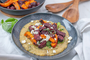 healthy plant-based food, vegan roasted veggies with polenta dish