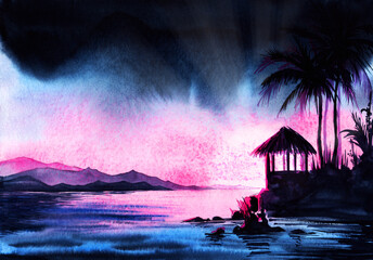 Fantastic watercolor landscape of breaking dawn in paradise place. Tender pink sunshine dispels darkness above sea coast of Bali with mountain ridge and dark silhouettes of bungalow and palms