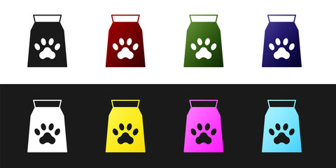 Set Bag of food for pet icon isolated on black and white background. Food for animals. Dog bone sign. Pet food package. Vector