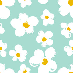 Chamomile flowers. Minimalistic drawing of daisies. Silhouette made by brush stroke with ink. Seamless background with white, yellow, blue pattern.