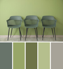 Chairs near green wall in room. Different color patterns