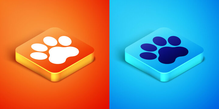Isometric Paw print icon isolated on orange and blue background. Dog or cat paw print. Animal track. Vector
