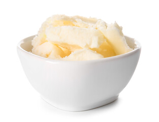 Bowl with shea butter on white background