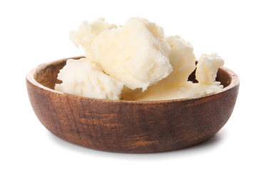 Bowl with shea butter on white background