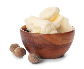Bowl with shea butter and nuts on white background