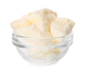 Bowl with shea butter on white background
