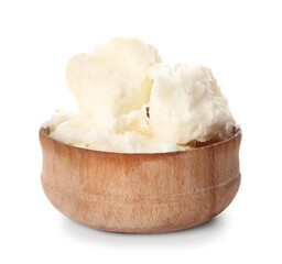 Bowl with shea butter on white background