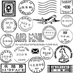 Vector image set cancellation postal stamps from different countries, isolated on white, envelope and parcel stamps