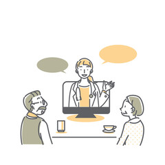 自宅でリラックスしながら医師のアドバイスを受ける高齢夫婦の線画イラスト