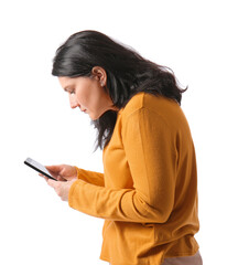 Young woman with bad posture using mobile phone on white background - obrazy, fototapety, plakaty