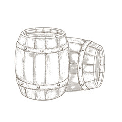 Wooden barrels in the style of old engraving. Vintage monochrome wooden barrels.