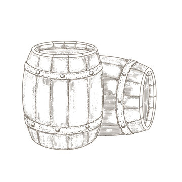 recommend clip art: Wooden barrels in the style of old engraving. Vintage monochrome wooden barrels.