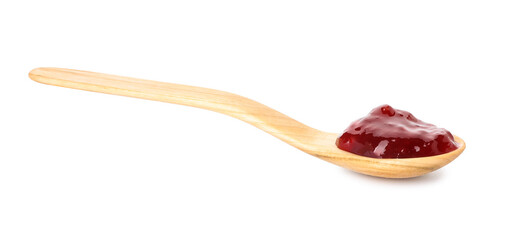 Spoon with tasty jam on white background