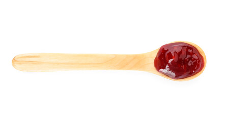 Spoon with tasty jam on white background