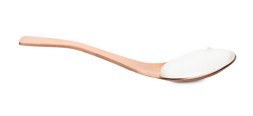 Spoon with tasty sour cream on white background
