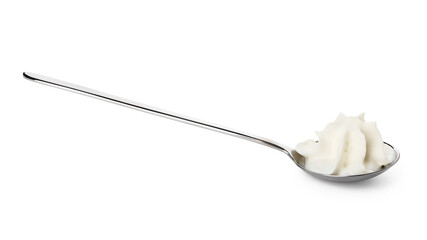 Spoon with whipped cream on white background