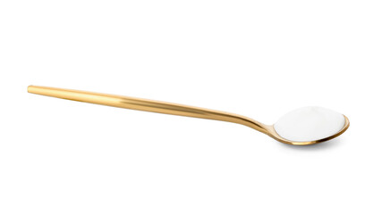 Spoon with tasty yogurt on white background