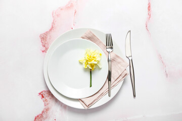 Beautiful table setting with narcissus flower on color background