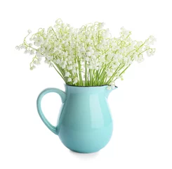 Selbstklebende Fototapeten Jug with beautiful lily-of-the-valley flowers on white background © Pixel-Shot