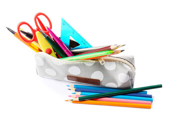 Obraz premium Pencil case with stationery on white background