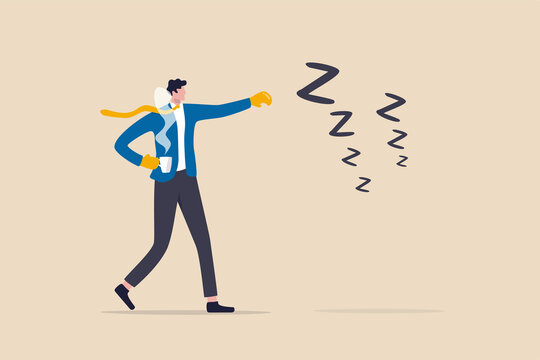 Procrastination and laziness, productivity and professional to fight with resistance and sleepy concept, alert businessman have some coffee wearing boxing gloves to fight with lazy sleepy symbol.