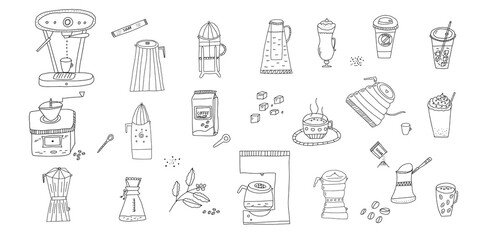 Hand drawn doodle vector illustration of set of various coffee drinks in glass and plastic cups, coffee pots and machines for different brewing types. Isolated on white background.