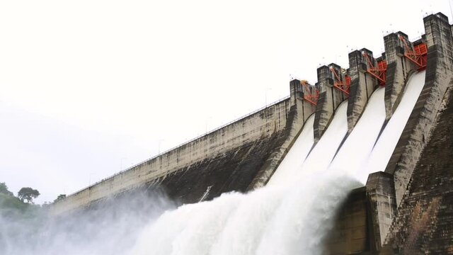 water release at spillway Compacted Concrete Dam, Khun Dan Prakan Chon dam