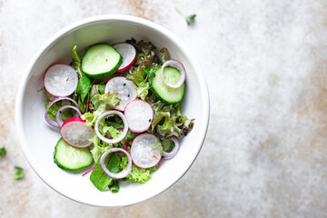 salad vegetable radish, cucumber, green mix leaves veggie meal snack diet vegan or vegetarian food copy space food background rustic top view