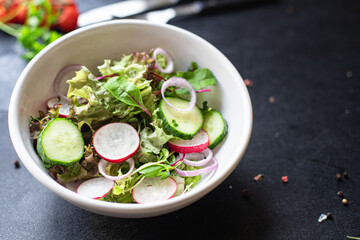 salad vegetable radish, cucumber, green mix leaves veggie meal snack diet vegan or vegetarian food copy space food background rustic top view